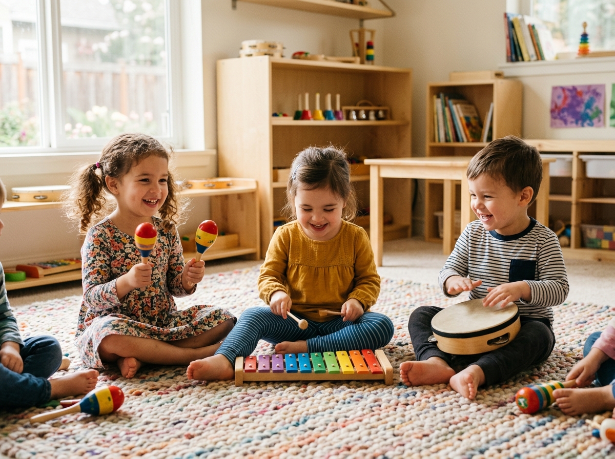 Orff çalgıları ve ritim tutan okul öncesi çocuklar