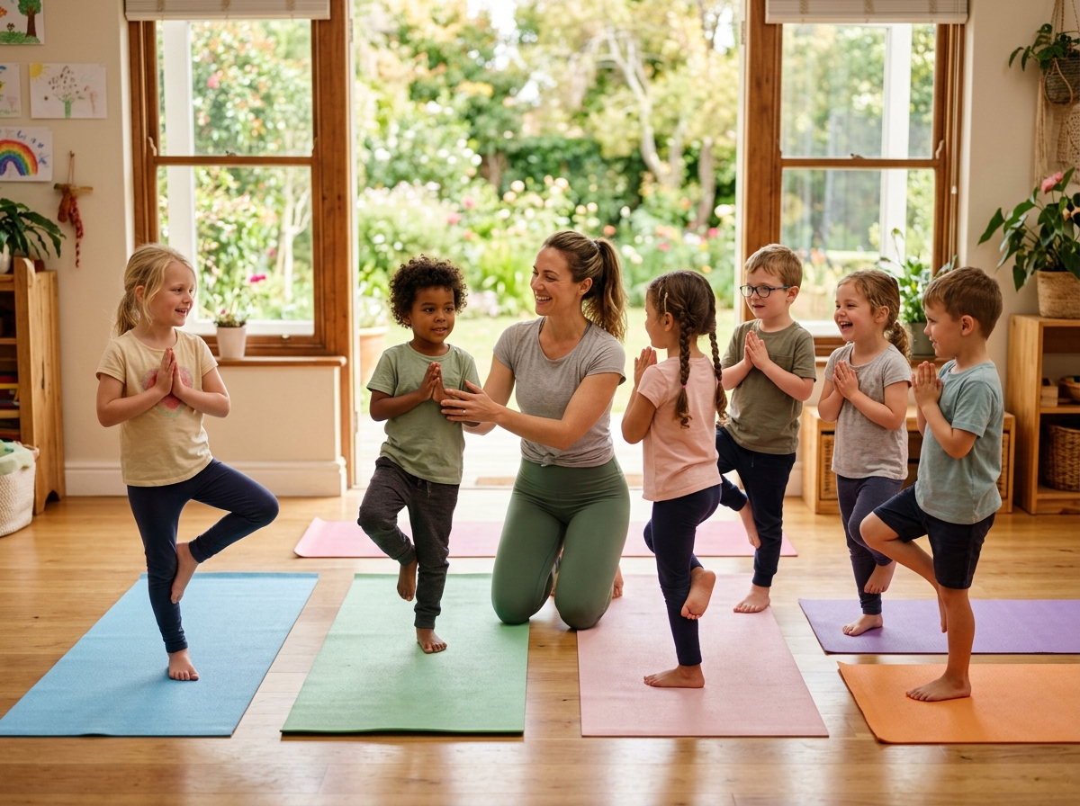 Rengarenk matlarda eğlenceli çocuk yogası yapan minikler